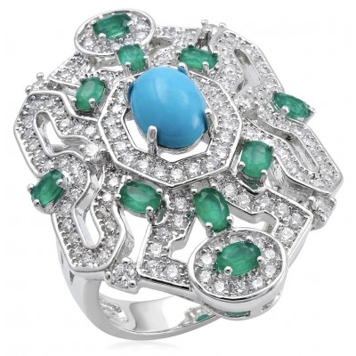 Art Deco - Pacifica - 18.4 carat Turquoise Emerald .925 Sterling Silver handmade Statement ring s. 7