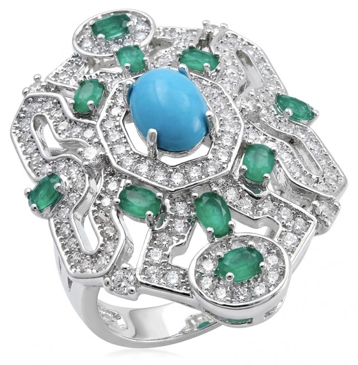 Art Deco - Pacifica - 18.4 carat Turquoise Emerald .925 Sterling Silver handmade Statement ring s. 7