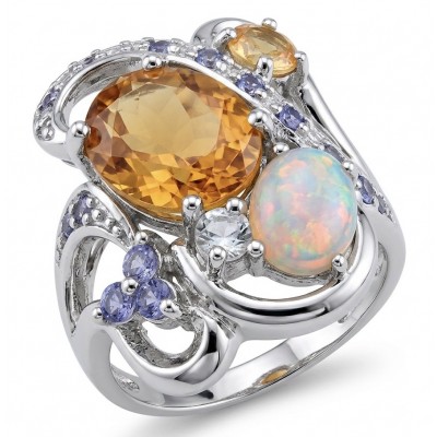 Giovanna 8.9 carat Brazilian Citrine 4.2 carat Australian Fire Opal .925 Sterling Silver dipped in rhodium handcrafted ring; s. 8