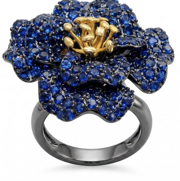Blue Rose 22.5 carat Sapphire black rhodium over 18K Gold .925 Sterling Silver handcrafted ring size 8 1/2 - video