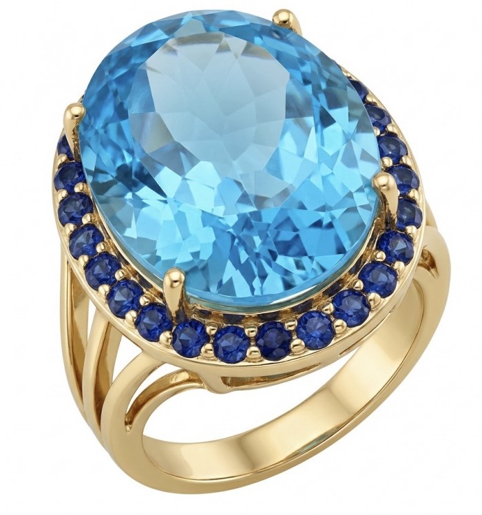 Pacifica 27.8 carat Swiss Blue Topaz 22K Gold over .925 Sterling Silver dipped in rhodium handcrafted ring size 7 1/4