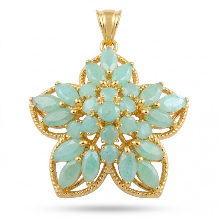 Floral design - authentic 25.5 carat Colombian Emerald 18K Gold over .925 Sterling Silver handcrafted Pendant