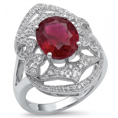 Bella Rosa Genuine 4.9 CARAT Ruby rhodium over .925 Sterling Silver Statement Ring size 8 1/4