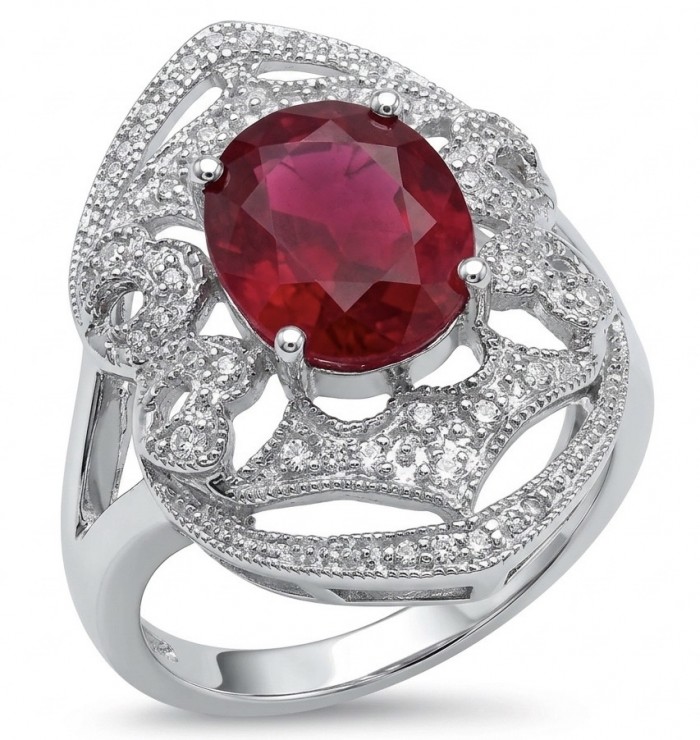 Bella Rosa Genuine 4.9 CARAT Ruby rhodium over .925 Sterling Silver Statement Ring size 8 1/4