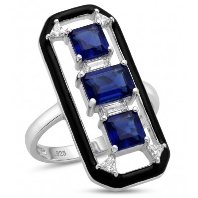 Art Deco 6.2 carat Sapphire black enamel .925 Sterling Silver handcrafted Ring size 7