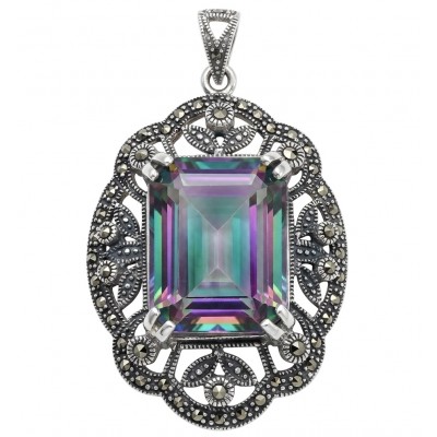 Iconic Design 22.5 baquette cut Mystic Topaz Marcasite .925 Sterling Silver dipped in black rhodium handcrafted Pendant