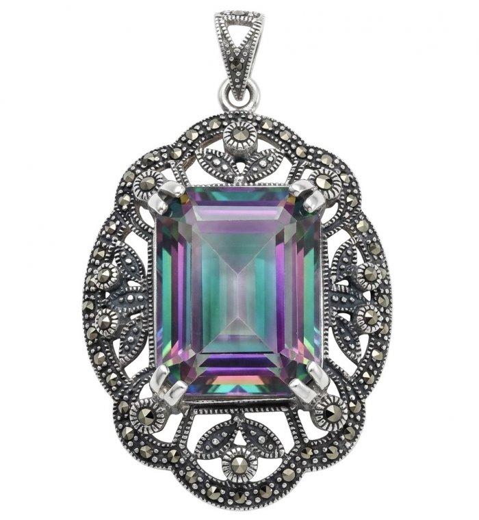 Iconic Design 22.5 baquette cut Mystic Topaz Marcasite .925 Sterling Silver dipped in black rhodium handcrafted Pendant - video