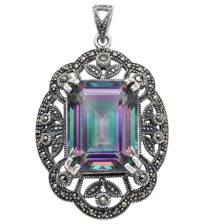 Iconic Design 22.5 baquette cut Mystic Topaz Marcasite .925 Sterling Silver dipped in black rhodium handcrafted Pendant