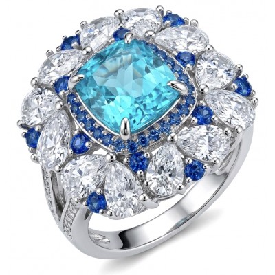 Paris Sky Blue 12.8 carat Swiss Blue Topaz .925 Sterling Silver dipped in rhodium handcrafted ring size 8