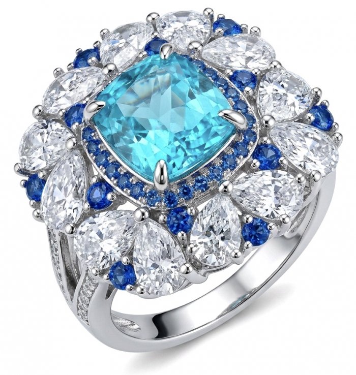 Paris Sky Blue 12.8 carat Swiss Blue Topaz .925 Sterling Silver dipped in rhodium handcrafted ring size 8 - video
