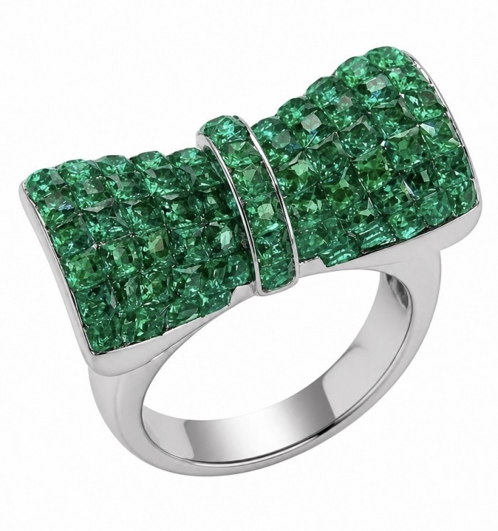 Precious Emerald bow- mystery setting authentic 16.2 carat Emerald .925 Sterling Silver Eternity Ring size 6 1/4