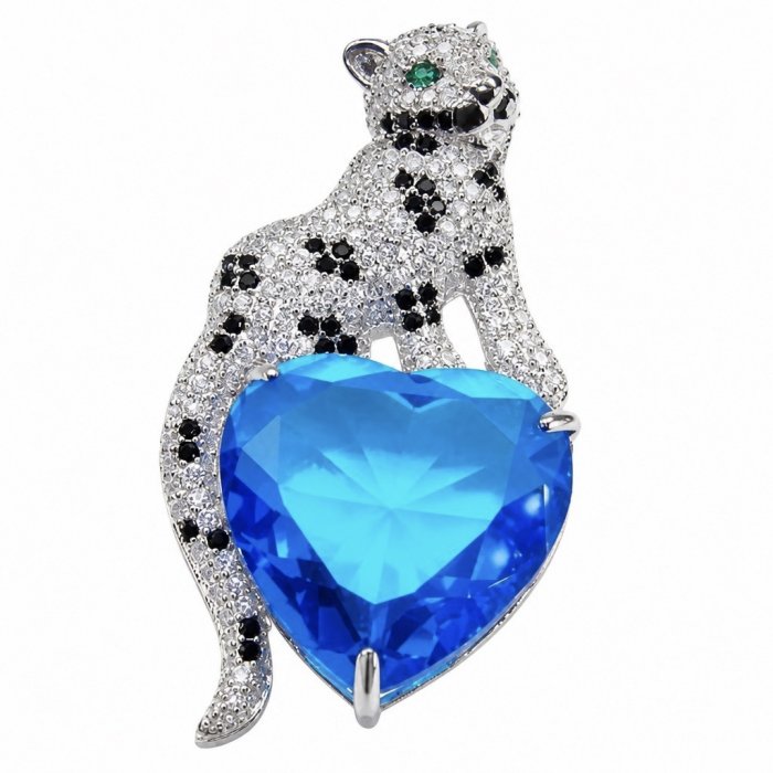 Precious Cheetah authentic 38.5 carat Swiss Blue Topaz .925 Sterling Silver Handcrafted pendant brooch - video