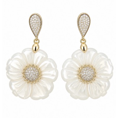 BLOOMING FLOWERS Genuine Blister Pearl 0.2 CARAT lab grown Diamond 18K Gold over .925 Sterling Silver handcrafted Statement Earrings