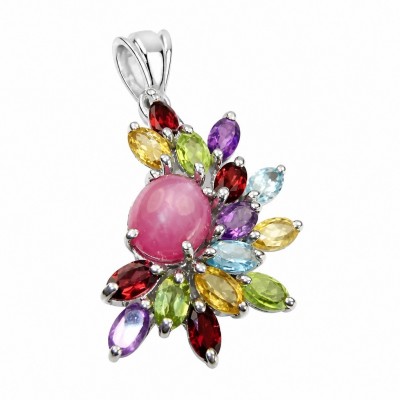 Summer Fiesta 22.8 carat Precious Kashmir Ruby Multigem rhodim over .925 Sterling Silver dipped in rhodium Pendant