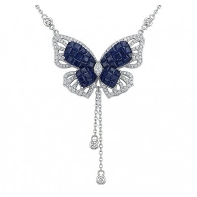 Blue Butterfly mystery setting 8.2 carat natural Sapphire .925 Sterling Silver handcrafted Necklace