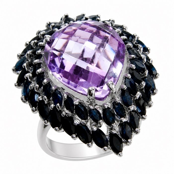 Giuseppina - Authentic 18.5 carat Amethyst Sapphire rhodium over .925 Sterling Silver handcrafted Statement Ring size 7 3/4 - video