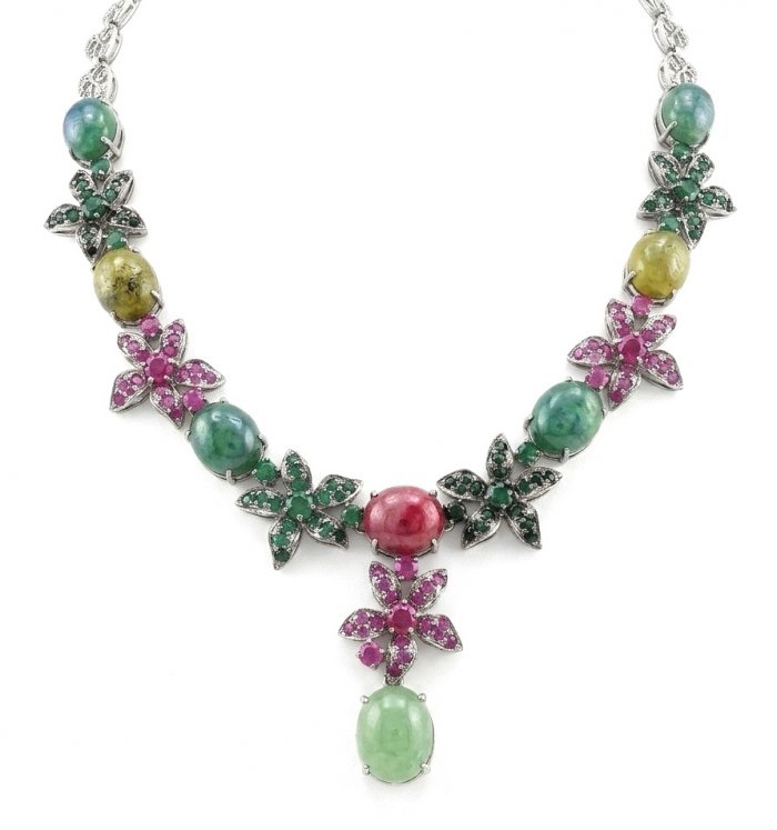 Isabella - Beauty of Nature natural 155.5 carat Ruby Green Tourmaline Rhodium over .925 Sterling Silver handmade Statement necklace - video