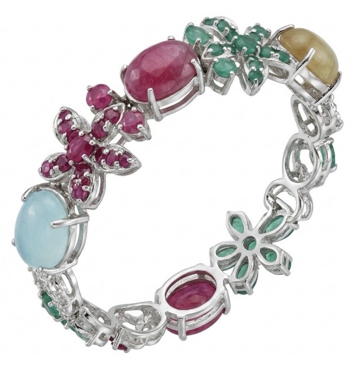 Isabella - Beauty of Nature natural 85.5 carat Ruby Green Tourmaline Rhodium over .925 Sterling Silver handmade Statement bracelet