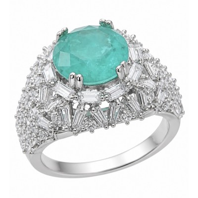 Elizabeth round cut 6.2 carat Colombian Emerald .925 Sterling Silver dipped in Rhodium handcrafted Ring size 9