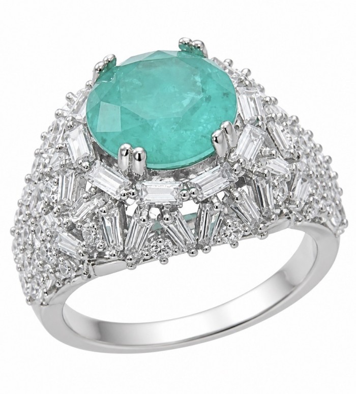 Elizabeth round cut 6.2 carat Colombian Emerald .925 Sterling Silver dipped in Rhodium handcrafted Ring size 9