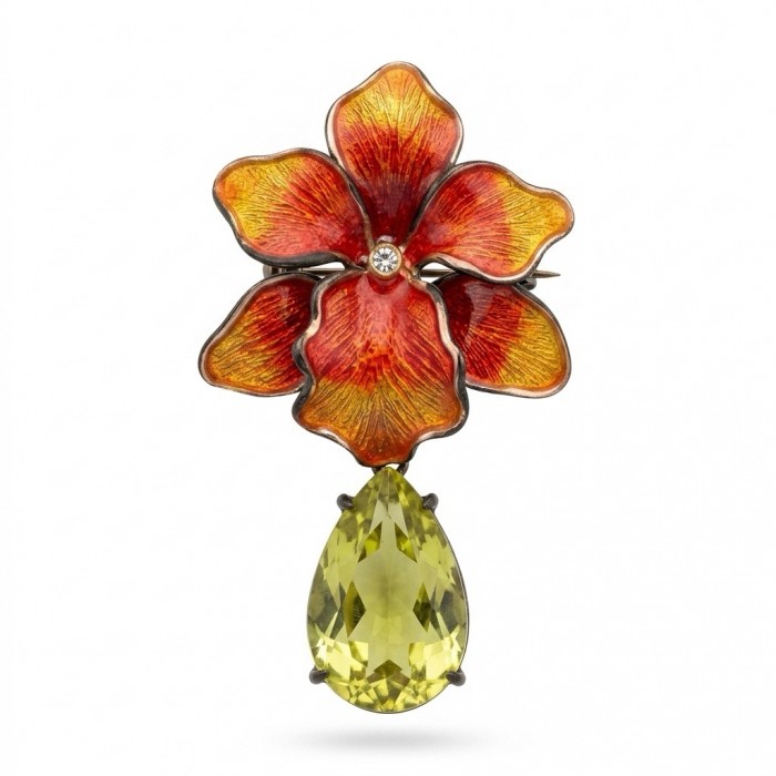 Luxurious Peacock genuine 22.5 carat Citrine Enamel rhodium over .925 Sterling Silver handmade Pendant - Brooch
