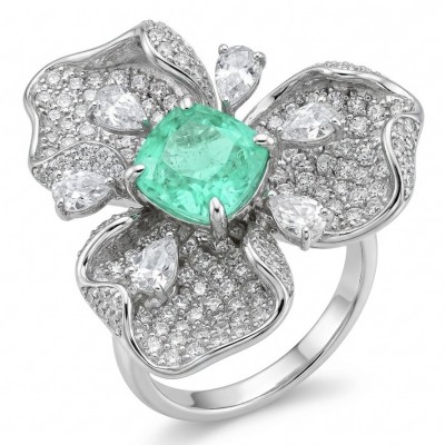Elizabeth 4.8 carat Colombian Emerald 8.2 carat Moissanite .925 Sterling Silver dipped in Rhodium handcrafted Ring size 6 1/4