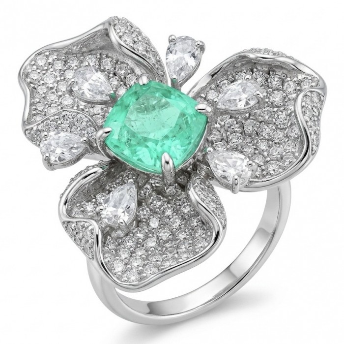 Elizabeth 4.8 carat Colombian Emerald 8.2 carat Moissanite .925 Sterling Silver dipped in Rhodium handcrafted Ring size 6 1/4