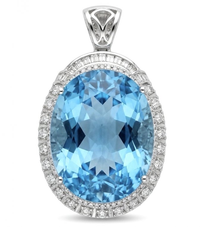 Atlantica - Oval cut 51.5 carat Vintage style Swiss Blue Topaz .925 Sterling Silver DIPPED IN RHODIUM handmade Pendant - video
