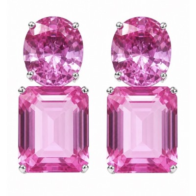 Large - Tiffany - authentic baquette oval cut 29.7 carat Pink Sapphire .925 Sterling Silver handcrafted Earrings