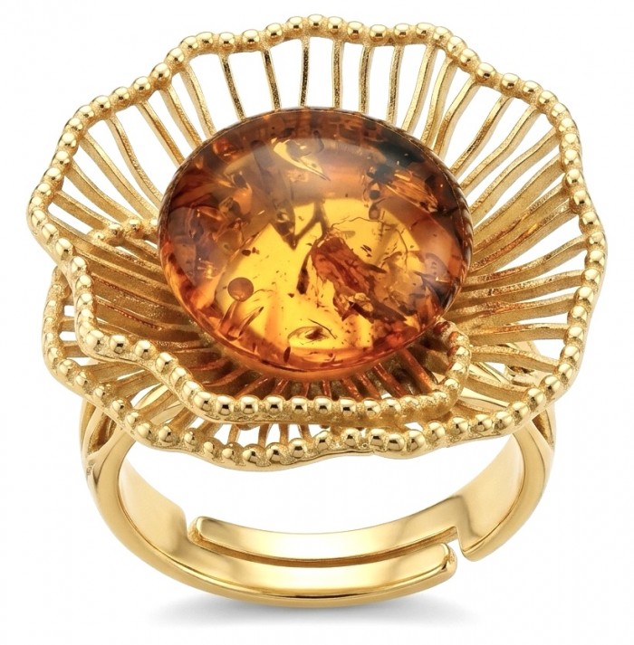 Authentic Baltic Amber 14K Gold over .925 Sterling Silver handcrafted ring; s. 7 adjustable