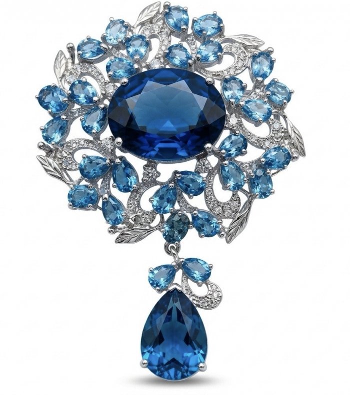 An exuberantly Large 58.2 grams Vintage style Swiss Blue Topaz .925 Sterling Silver DIPPED IN RHODIUM handmade LARGE Pendant - Brooch - video