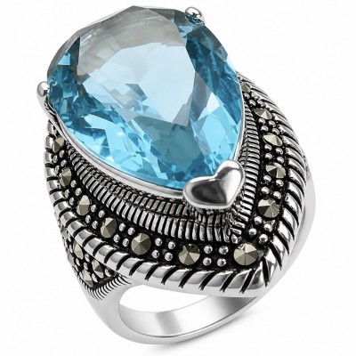 Celestial Peace 20.8 carat Swiss Blue Topaz .925 Sterling Silver dipped in rhodium handcrafted ring size 7 3/4
