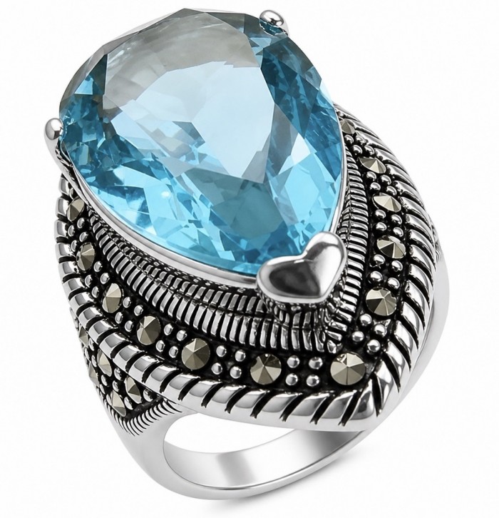 Celestial Peace 20.8 carat Swiss Blue Topaz .925 Sterling Silver dipped in rhodium handcrafted ring size 7 3/4