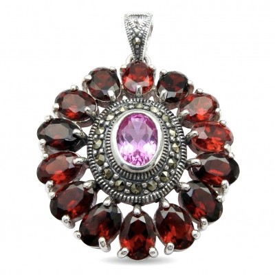 Giovanna 22.2 carat authentic Mozambique Ruby Marcasite .925 Sterling Silver handmade Pendant