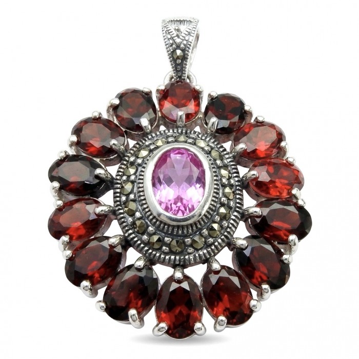 Giovanna 22.2 carat authentic Mozambique Ruby Marcasite .925 Sterling Silver handmade Pendant