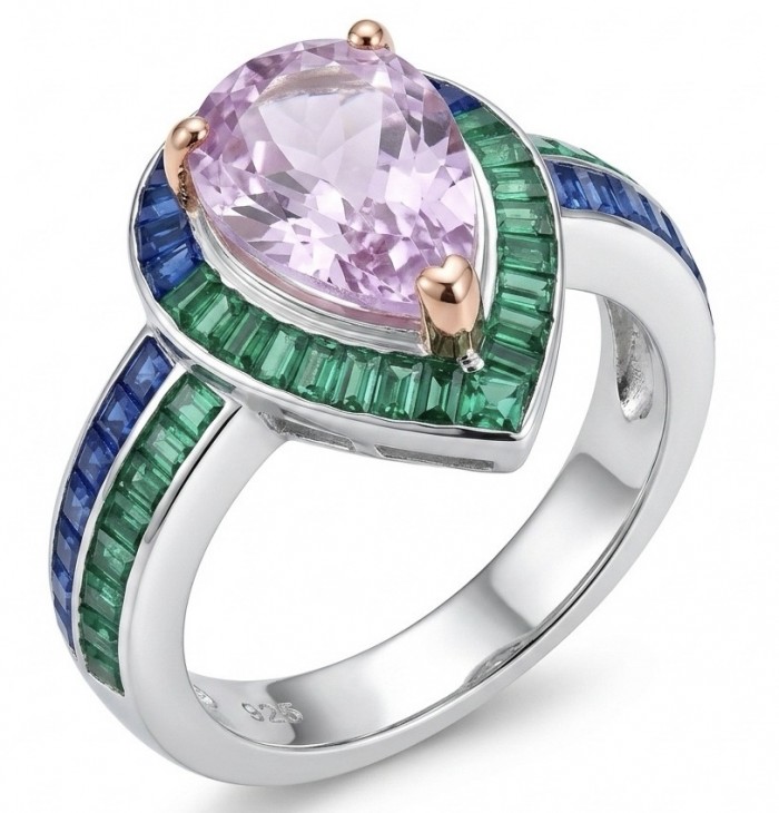 Emily - Art Deco - Precious genuine 9.8 carat Kunzite rhodium over .925 Sterling Silver handcrafted ring size 7