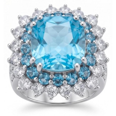 Aqua 8.5 carat Swiss Blue Topaz 22K Gold over .925 Sterling Silver dipped in rhodium handcrafted ring size 5