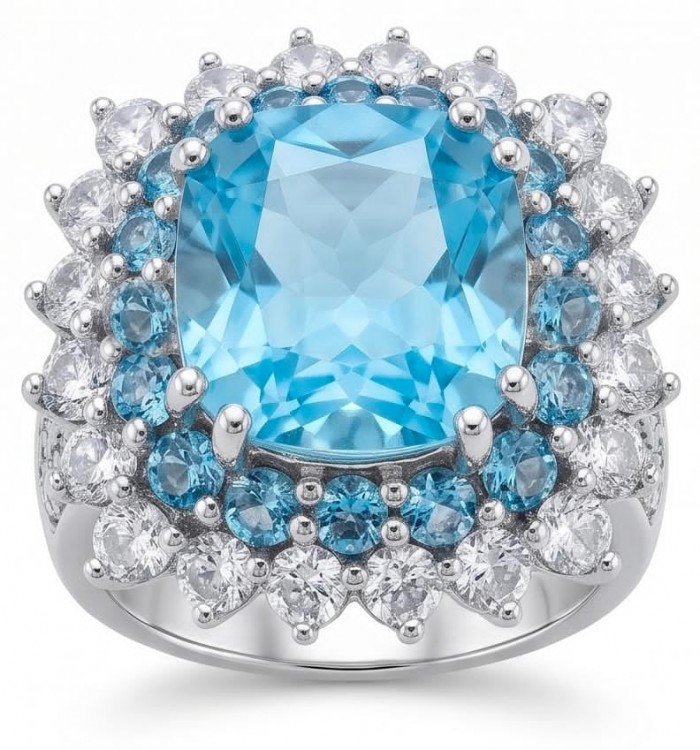 Aqua 8.5 carat Swiss Blue Topaz 22K Gold over .925 Sterling Silver dipped in rhodium handcrafted ring size 5
