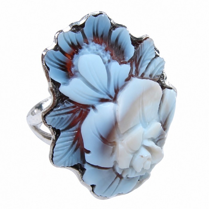 Exquisite Flowers oval Cameo Shell rhodium over .925 Sterling Silver handcrafted Made in Italy Statement ring; s. 7 ADJUSTABLE