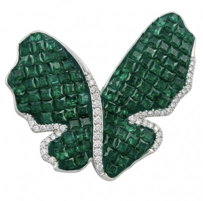 Butterfly - mystery setting- 19.2 carat Colombian Emerald .925 Sterling Silver handcrafted Brooch