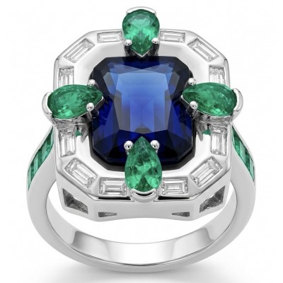 Art Deco 8.6 ctw Sapphire Emerald .925 Sterling Silver handcrafted Statement Ring size 8