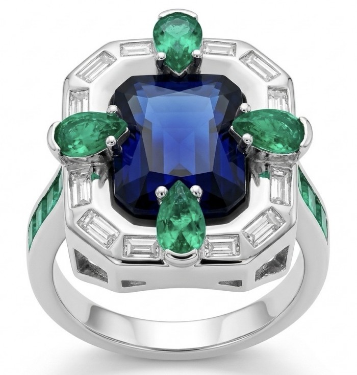 Art Deco 8.6 ctw Sapphire Emerald .925 Sterling Silver handcrafted Statement Ring size 8