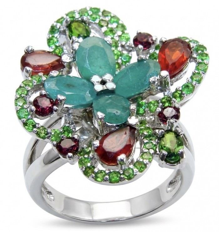 Valentina 18.2 carat Colombian Emerald .925 Sterling Silver dipped in rhodium Statement handcrafted Ring size 8 1/4
