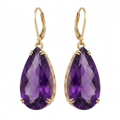 Natural 22.6 carat fancy pear cut Amethyst 14K Gold over .925 Sterling Silver handmade earrings
