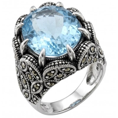 Massive Deep Blue 22.8 carat Aquamarine Marcasite .925 Sterling Silver handcrafted ring size 7