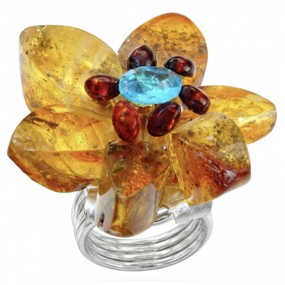 Magical Fern Flower Natural Baltic Amber 4.9 carat Swiss Blue Topaz .925 Sterling Silver handmade Large STATEMENT ring; s. 7 adjustable