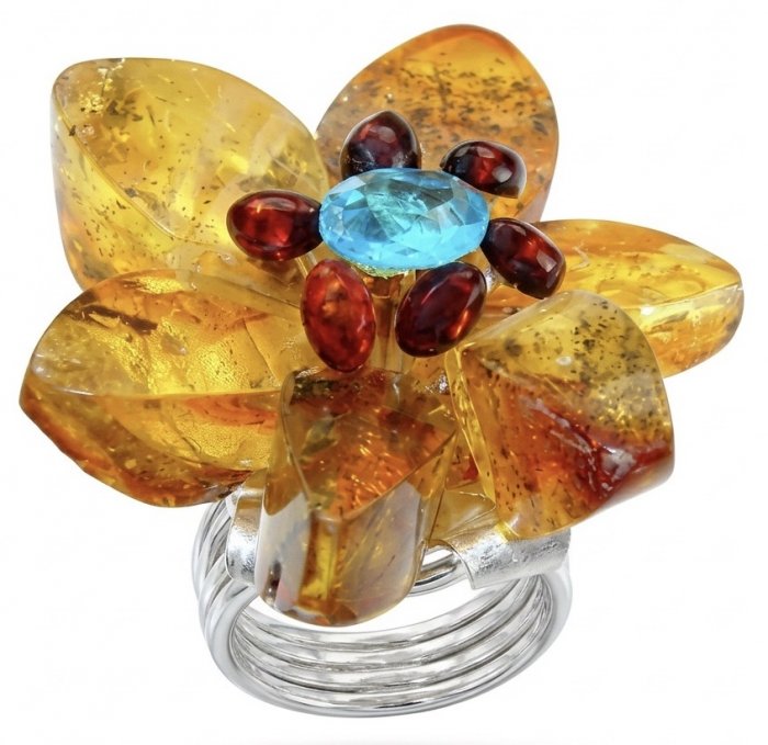 Magical Fern Flower Natural Baltic Amber 4.9 carat Swiss Blue Topaz .925 Sterling Silver handmade Large STATEMENT ring; s. 7 adjustable - video