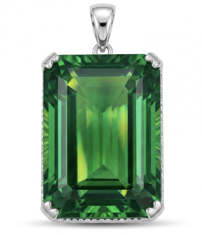 Superior quality baquette cut 35.2 carat Fresh Green Helenite .925 Sterling Silver Pendant