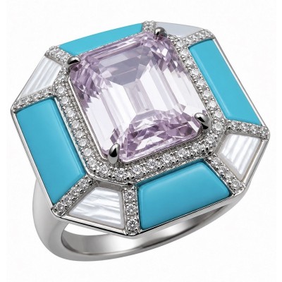 Emily - Art Deco -Precious genuine 10.2 carat Kunzite inlay Turquoise .925 Sterling Silver handcrafte Cocktail Ring s. 8