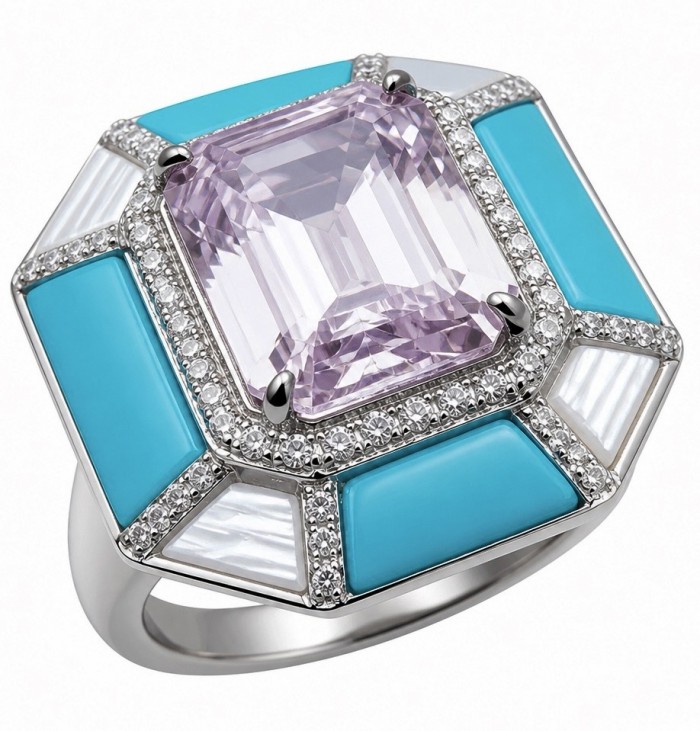 Emily - Art Deco -Precious genuine 10.2 carat Kunzite inlay Turquoise .925 Sterling Silver handcrafte Cocktail Ring s. 8